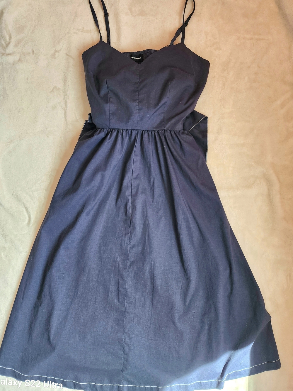 Navy Blue Organic Cotton Midi Dress With Thick Tie-Waist Summer Old Money - Picture 5 of 8
